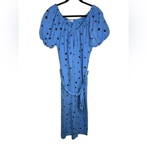 Stateside Linen Blend Polkadot Blue Black Belted Short Sleeve MIDI Dress Small
